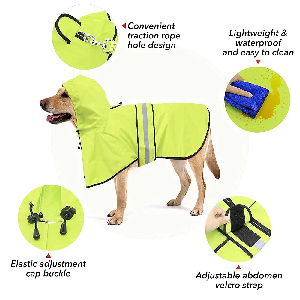 Ezierfy Waterproof Dog Rain Coat - Adjustable Hooded Dog Rain Jacket Raincoat, Reflective Lightweight Dog Slicker Poncho Raincoats (Neon Green, Medium)