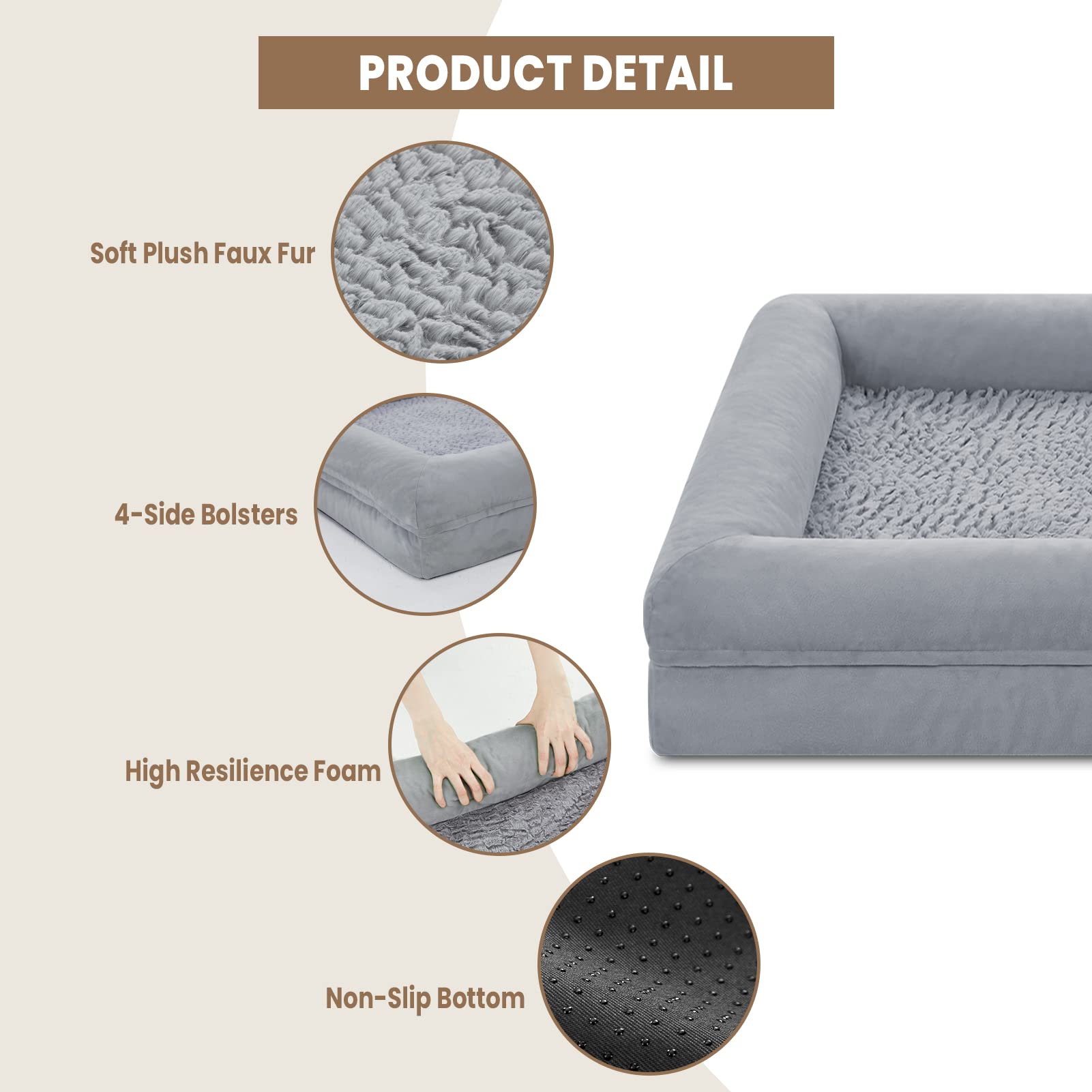 Yiruka Large Dog Bed, Grey Orthopedic Gel Memory Foam Dog Bed, Washable Dog Bed With Removable Cover, Waterproof Non-Slip Bottom Big Dog Couch Bed