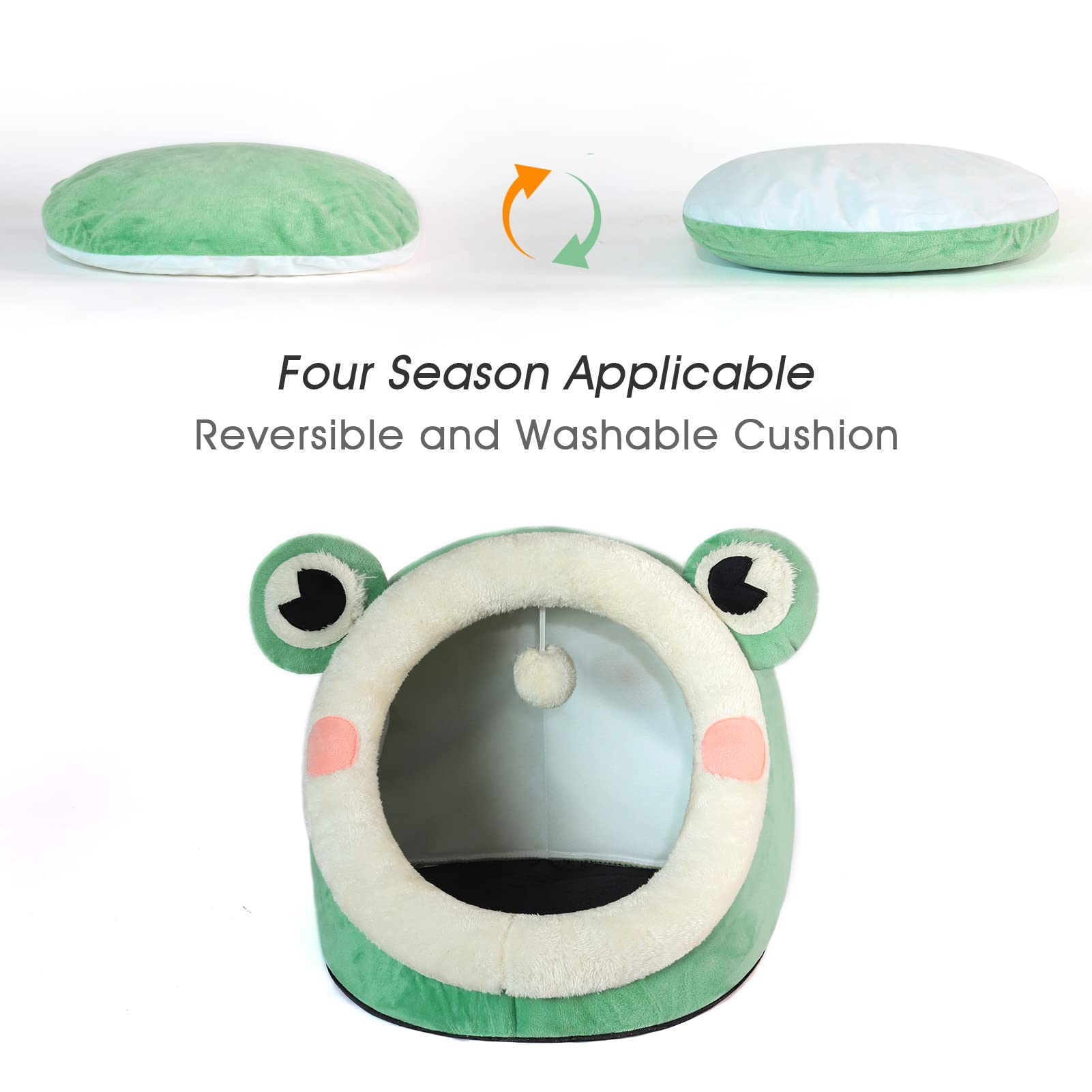 Jiupety Cute Cat Bed, Indoor Lovely Velvet Igloo For Cat, Warm Cave Sleeping Nest Bed For Puppy And Kitten, Green Frog, S