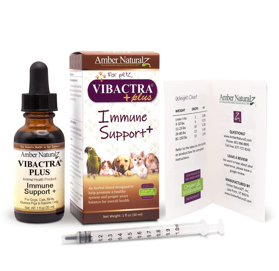 Amber NaturalZ Vibactra Plus Herbal Supplement for Dogs, Cats, Birds, Guinea Pigs, and Rabbits | Herbs for Immune Health and Yea