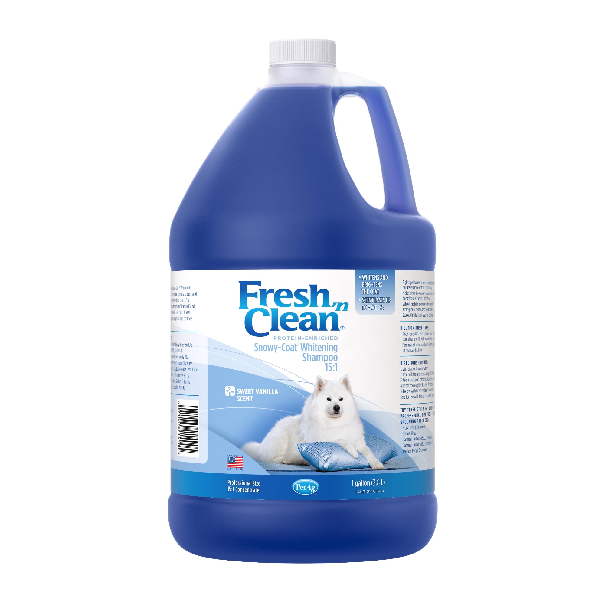 Pet-Ag Fresh ’N Clean Whitening Snowy-Coat Shampoo, Vanilla Scent (15:1 Concentrate) - 1 Gallon - Bleach-Free Formula To Correct Yellow Discoloration - Strengthens & Moisturizes Coats - Soap Free