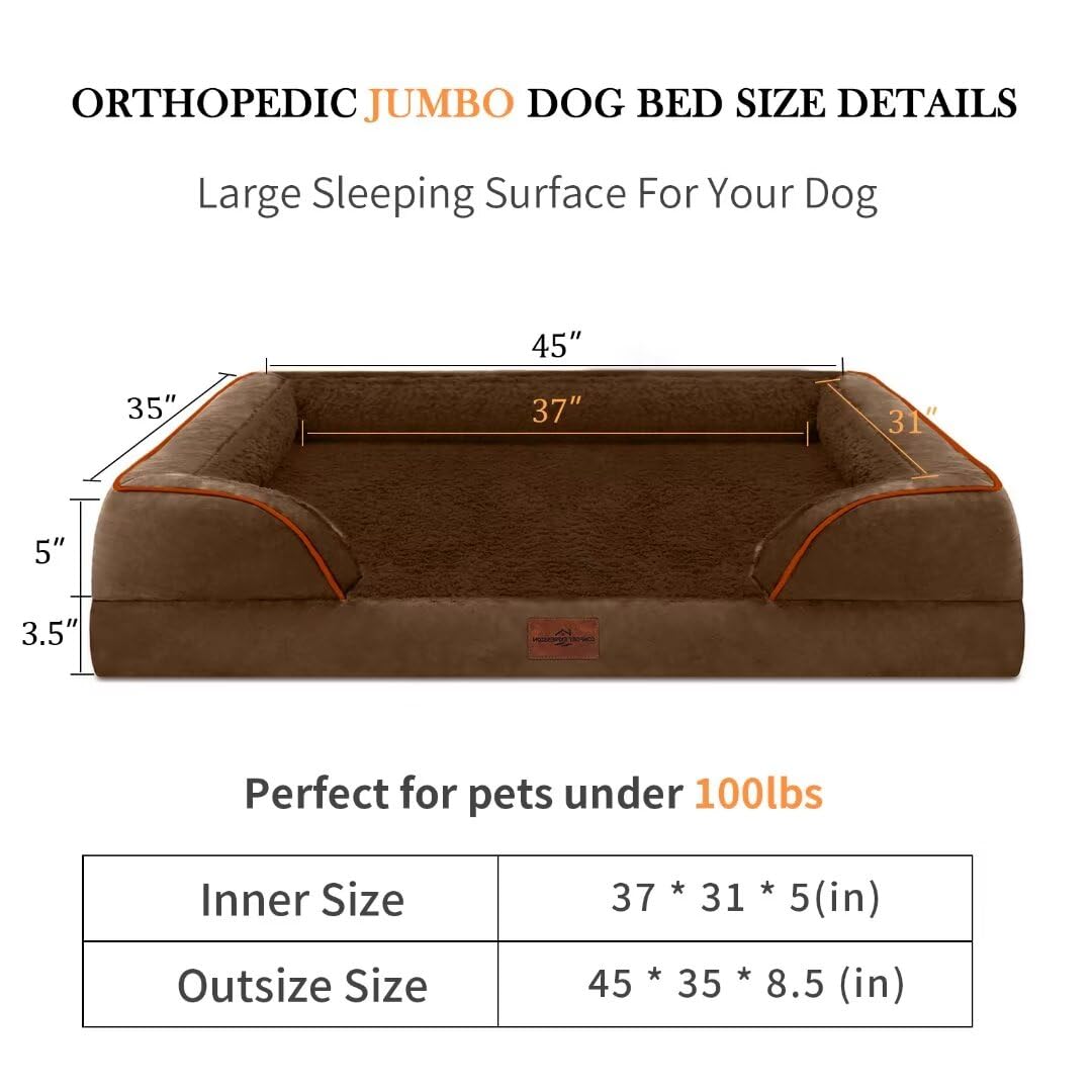 Comfort Expression Jumbo Orthopedic Dog Bed, Waterproof, 45"x35"x9", Chocolate Brown, PV Washable with Non-Slip Bottom