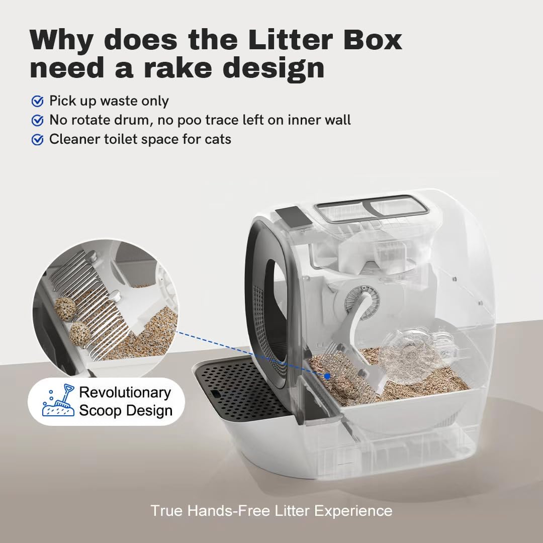 Self Cleaning Litter Box Auto Refill, Automatic Robot Litter Box For Multiple Cats, Hand-Like Rake Scooping/Odor Control System/