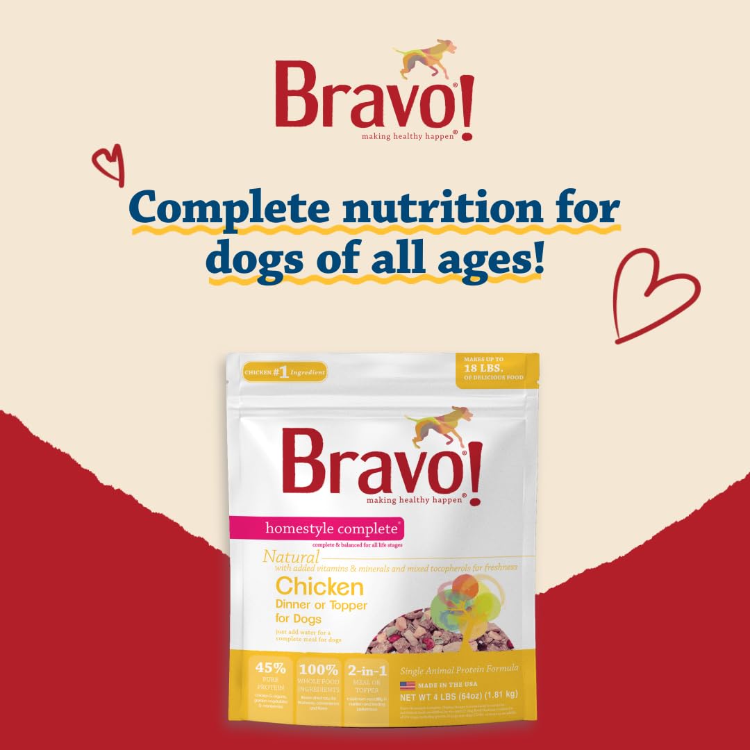 Bravo! Homestyle Complete Freeze Dried Raw Dog Food or Topper, Chicken, 4 Pounds, Add Water to Rehydrate for up to 18 Pounds of