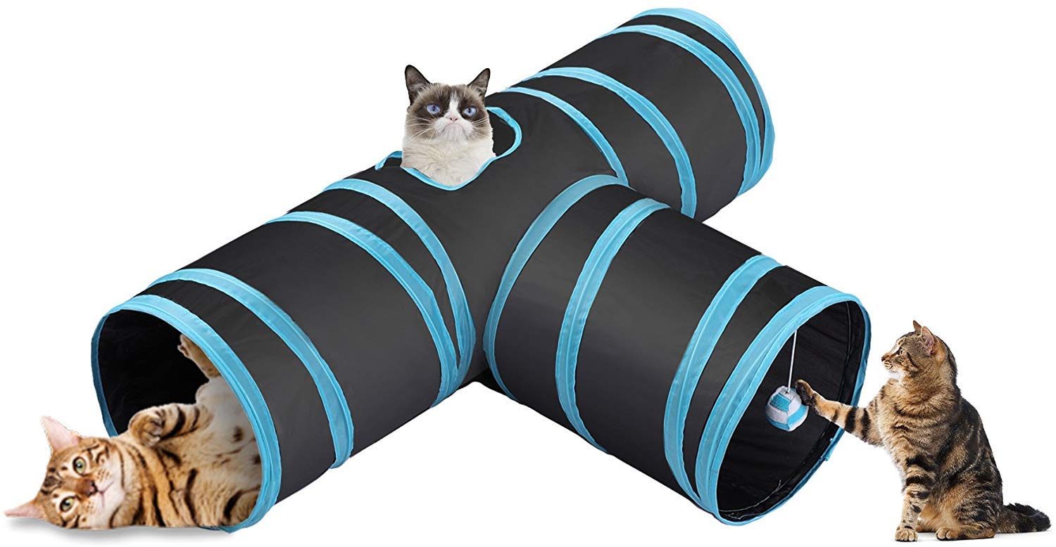 Western Era Cat Tunnel Toy 3 Way Collapsible For Indoor & Outdoor Play With Hanging Toy Ball For Cat, Puppy, Kitty, Kitten (Blue