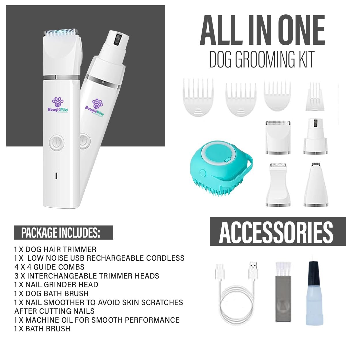 BougiePaw Dog Paw Trimmer Kit 4-in-1, Rechargeable, Low Noise, Cordless Clippers for Dogs & Cats, White, Model BP1