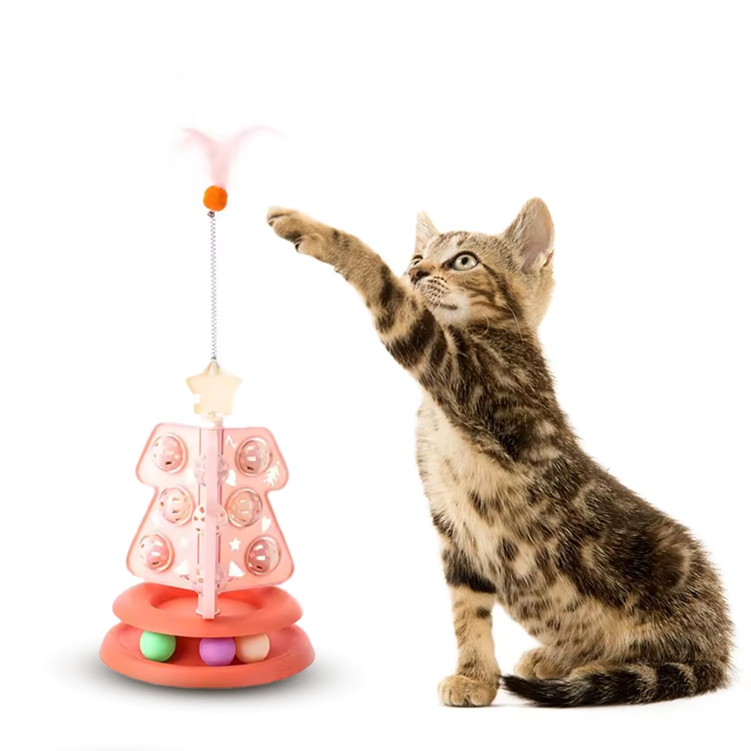 Yellowcult Interactive Cat Toy Tower With Rotating Ball Tracks, Spring Feather Teaser & Spinning Activity Board  MultiLevel Ki