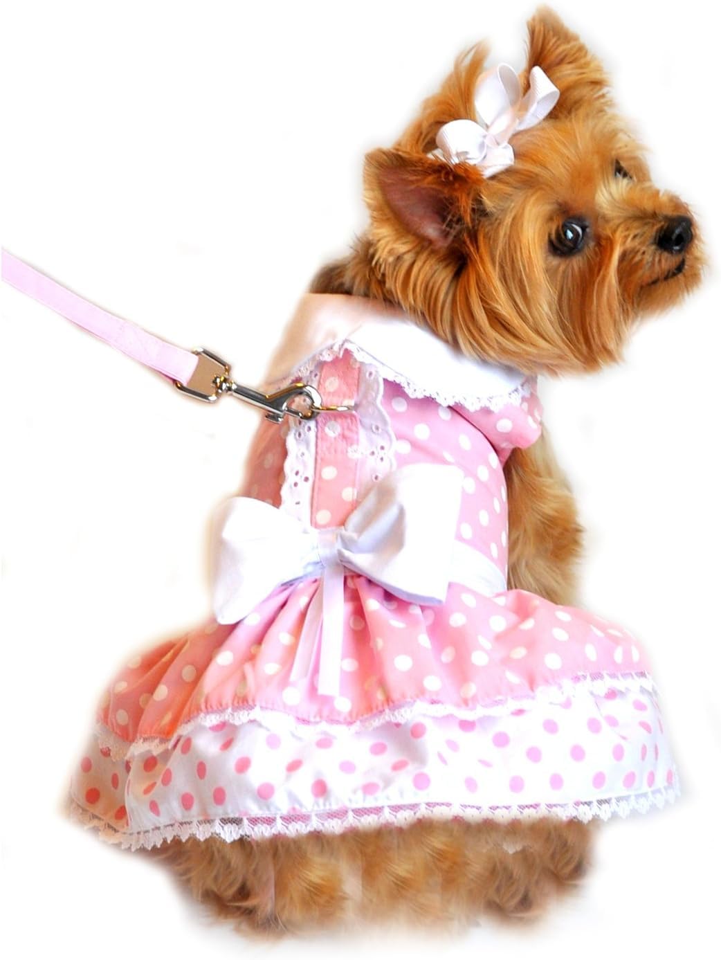 Doggie Design Pink Polka Dot And Lace Dog Harness Dress Set (Small)