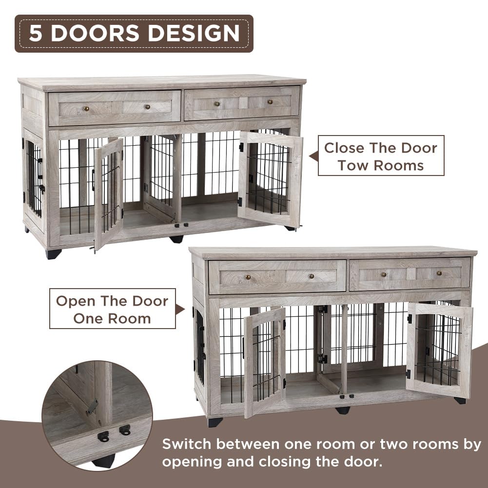 2 Dog Crate Furniture for Large Breeds,Large Dog Kennel Furniture TV Stand,58 Wooden Dog Kennel End Table with Drawers,Double Do