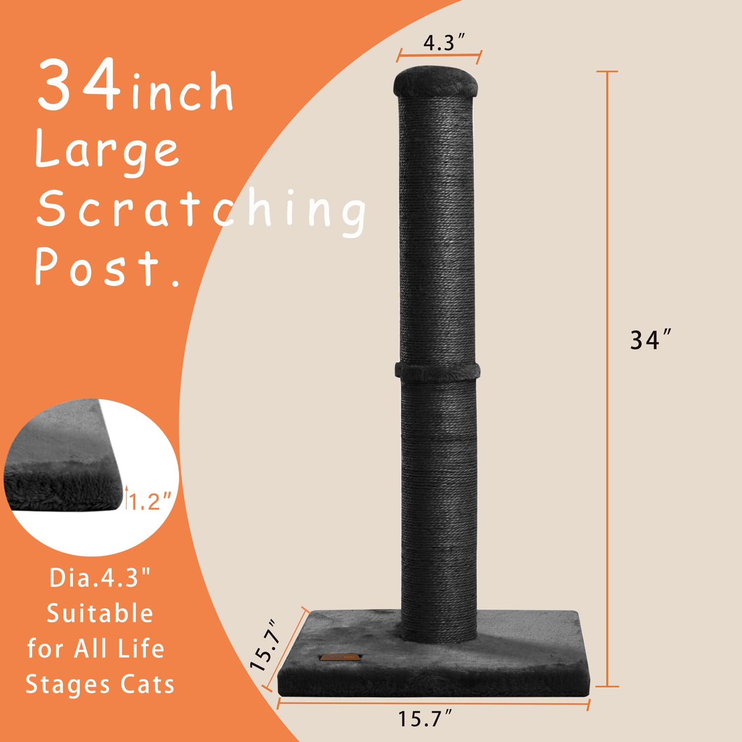 Karolpar 34Inch Cat Scratching Post With Natural Sisal Rope 4.3Inch Large Diameter Scratcher Post Tree For Indoor Cats Black
