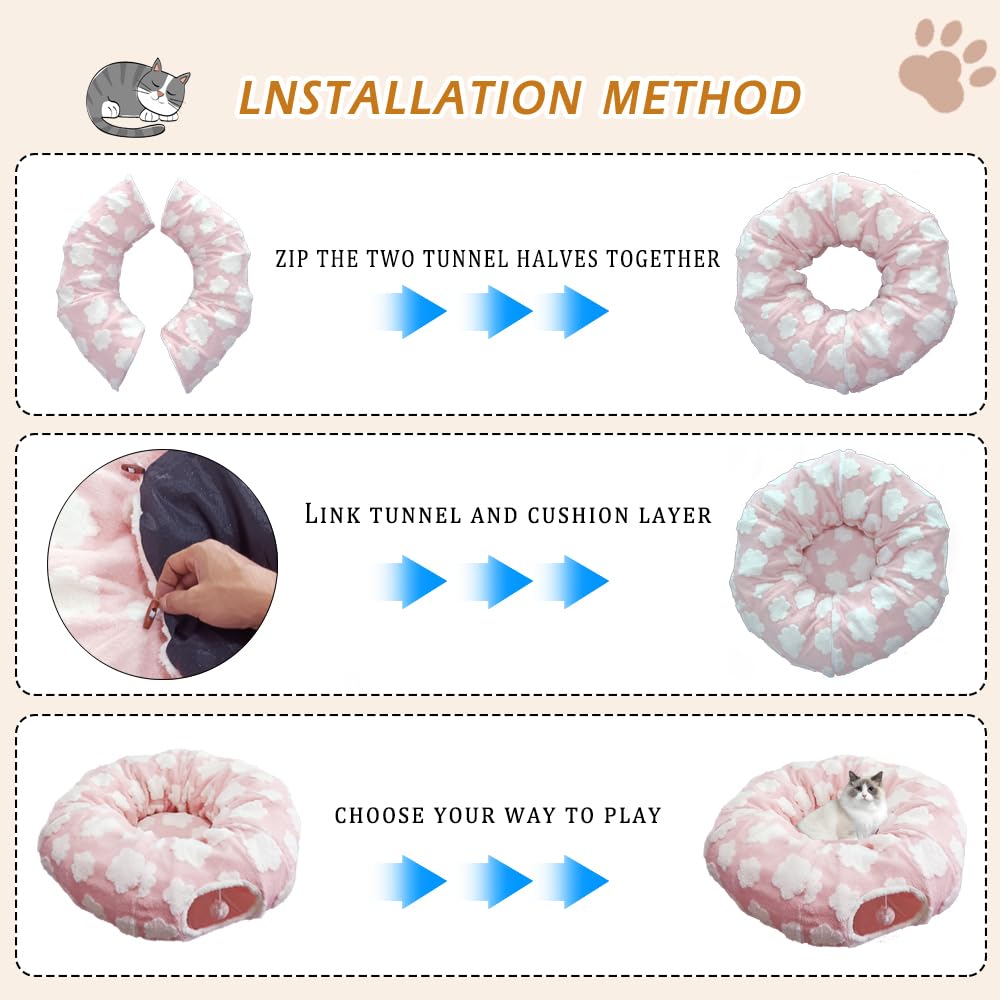 Cat Play Tunnel With Washable Cushion Bed, Round And S-Shape Malfunction Cat Tube Donut Tunnel Cave For Cats/Puppy/Kitten/Rabbit