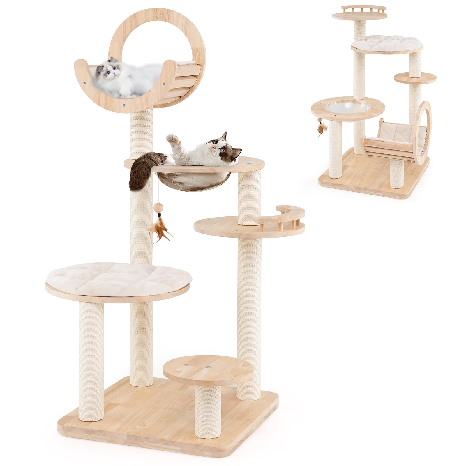 Tangkula Solid Wood Cat Tree, 4-In-1 Building Block Large Cat Tower With Space Capsule Nest, Scratching Posts, Padded Platform, 