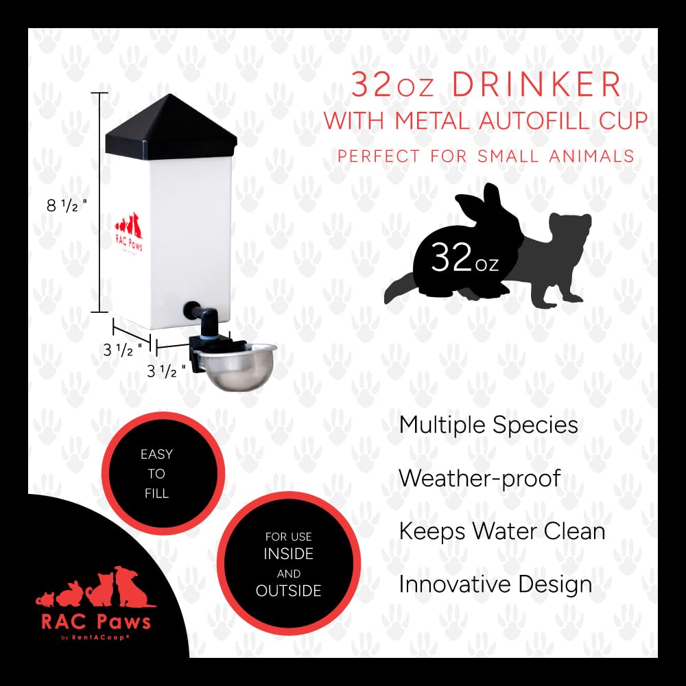 No-Drip 32oz Small Animal Drinking Bottle with Auto-Fill Metal Cup for Small Pet/Bunny/Ferret/Hamster/Guinea Pig/Rabbit/Chinchil