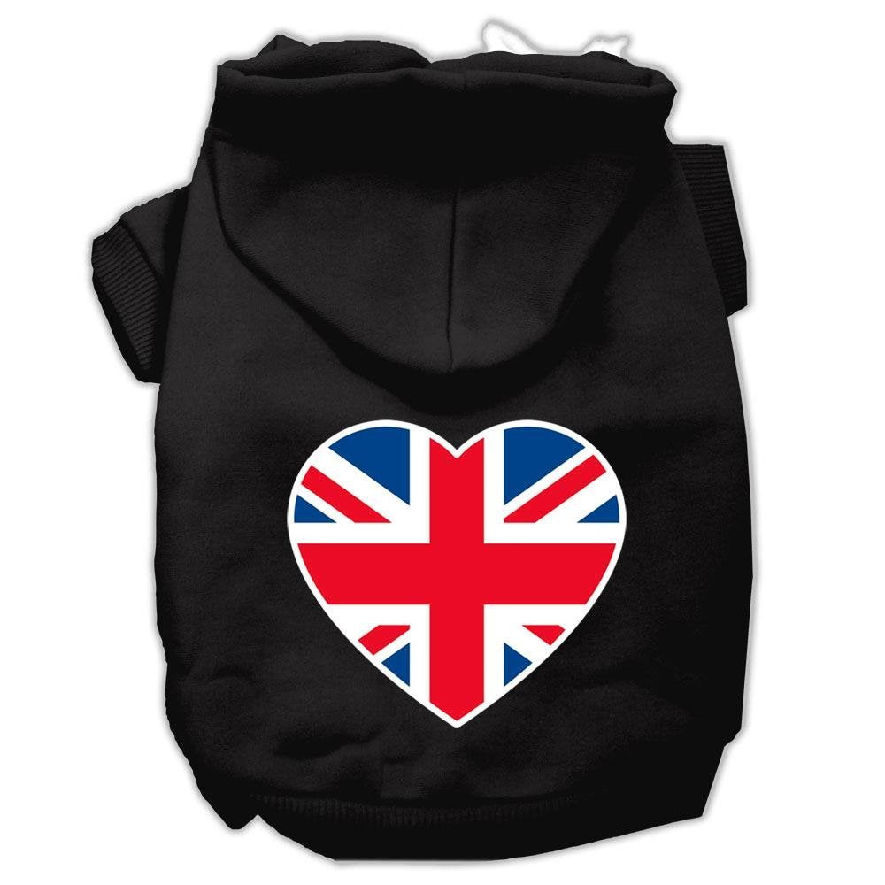 Pet Dog & Cat Hoodie Screen Printed, 'British Flag Heart' Black Xl (14-20 Lbs.)