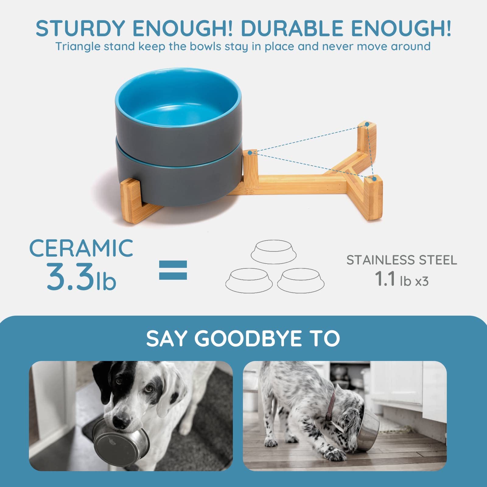 SPUNKYJUNKY Ceramic Dog and Cat Bowl Set with Wooden Stand, Modern Cute Weighted Food Water Set for Small Size Dogs (13.5OZ) & M
