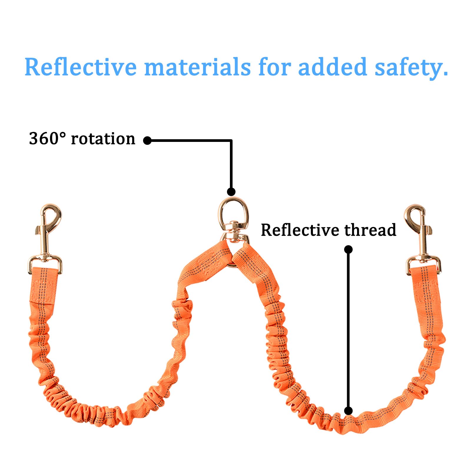 Dual Dog Leash,Double Dog 360 Swivel No Tangle Walking Leash,Comfortable Shock Absorbing Reflective Bungee For Two Dogs(Orange)