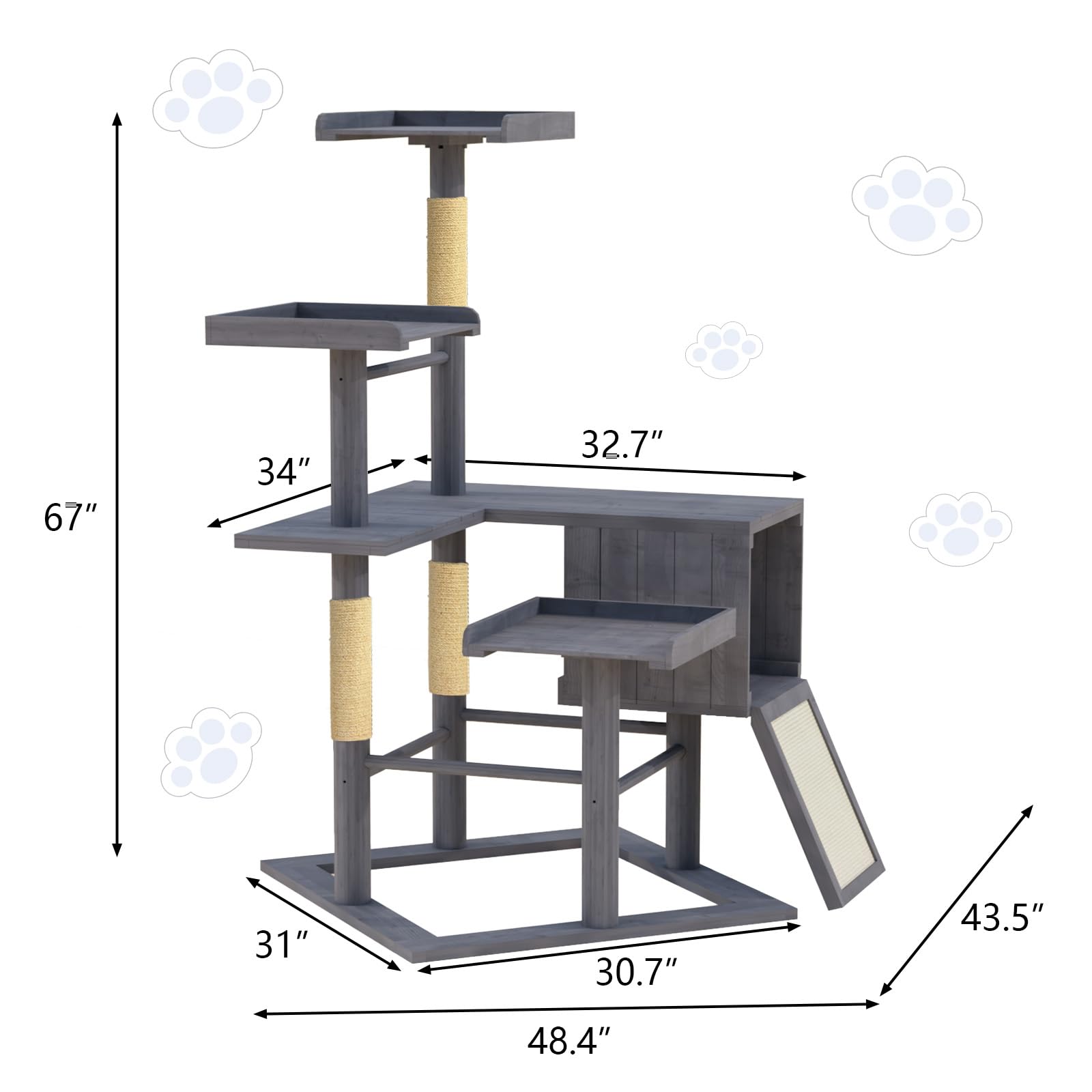 GDLF Outdoor Cat Tree, 67 Weatherproof Wood Cat Tree Tower for Large Cats with Condo and Scratching Posts, Perches