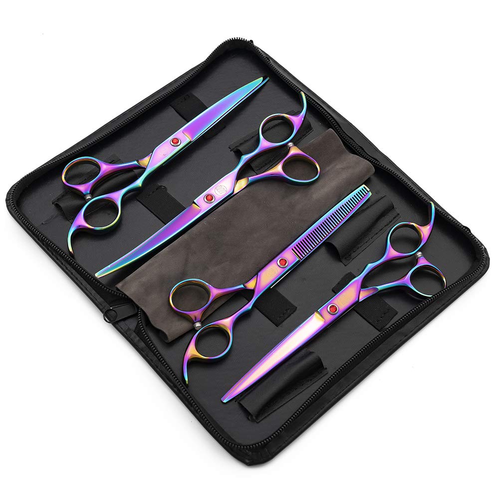 Moontay Professional 7.0' Dog Grooming Scissors Set, 4-Pieces Straight, Upward Curved, Downward Curved, Thinning/Blending Shears For Dog, Cat And Pets, Jp Stainless Steel, Multicolour