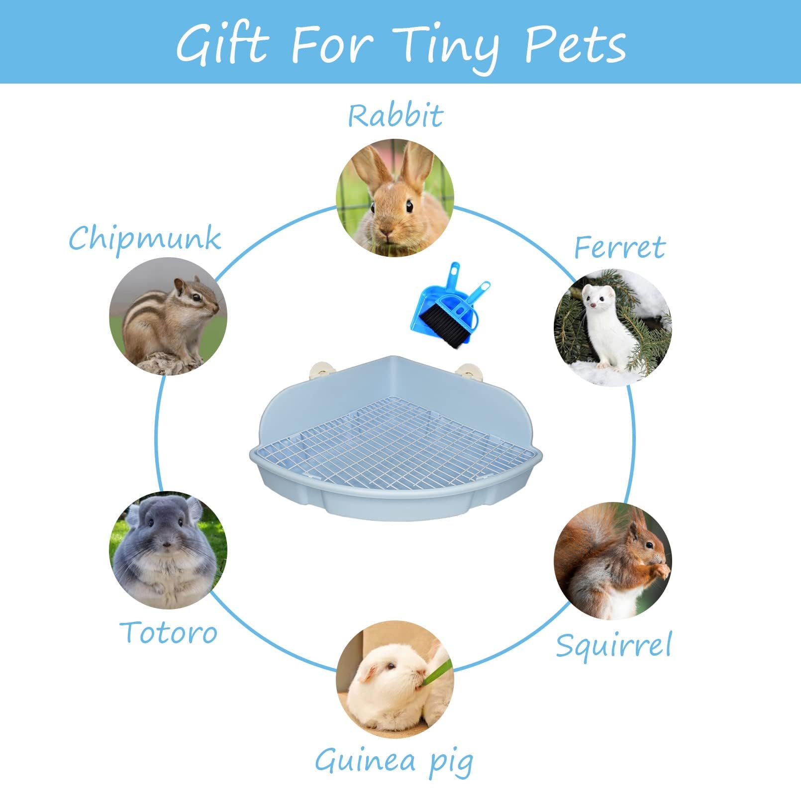 Pinvnby Extra Large Corner Litter Box For Rabbits, Guinea Pigs, Ferrets | 18.3' Fan-Shaped Potty Trainer With Anti-Spill Guard, Durable Plastic & Cage Clips | Easy-Clean Small Animal Toilet Pan (Blue)
