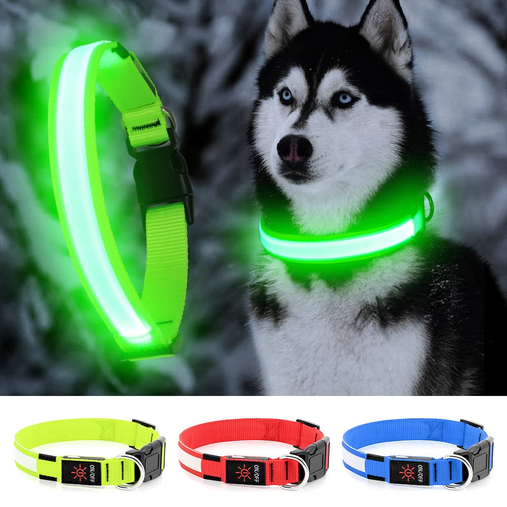 Yfbrite Ultra Light Usb Rechargeable Led Dog Collar - Adjustable Light Up Dog Collar - Waterproof Dog Collar - Flashing Dog Collar Visiblity & Safety For Your Dogs (Green, Small)