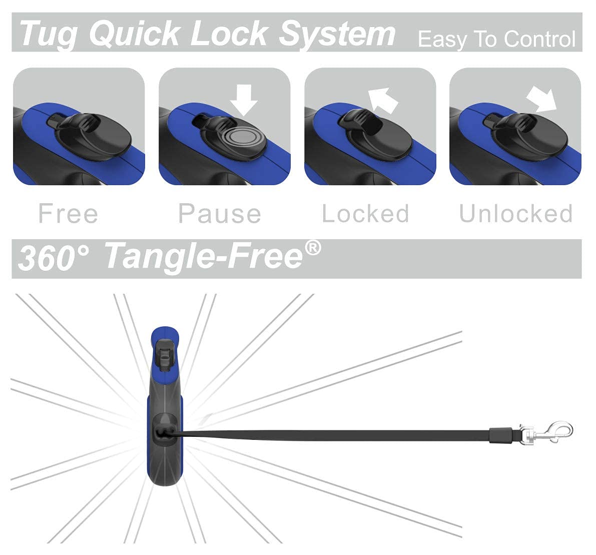 Tug 360?Tangle-Free Retractable Dog Leash With Waste Bag Dispenser (Large, Blue)
