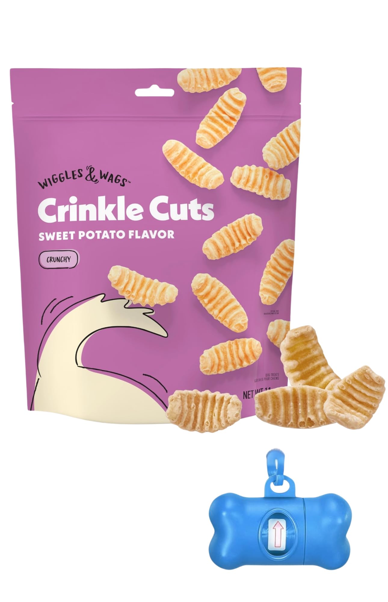 Wiggles & Wags Crinkle Cuts Sweet Potato Dog Treats, 11 oz, with Bone-Shaped Waste Bag Dispenser