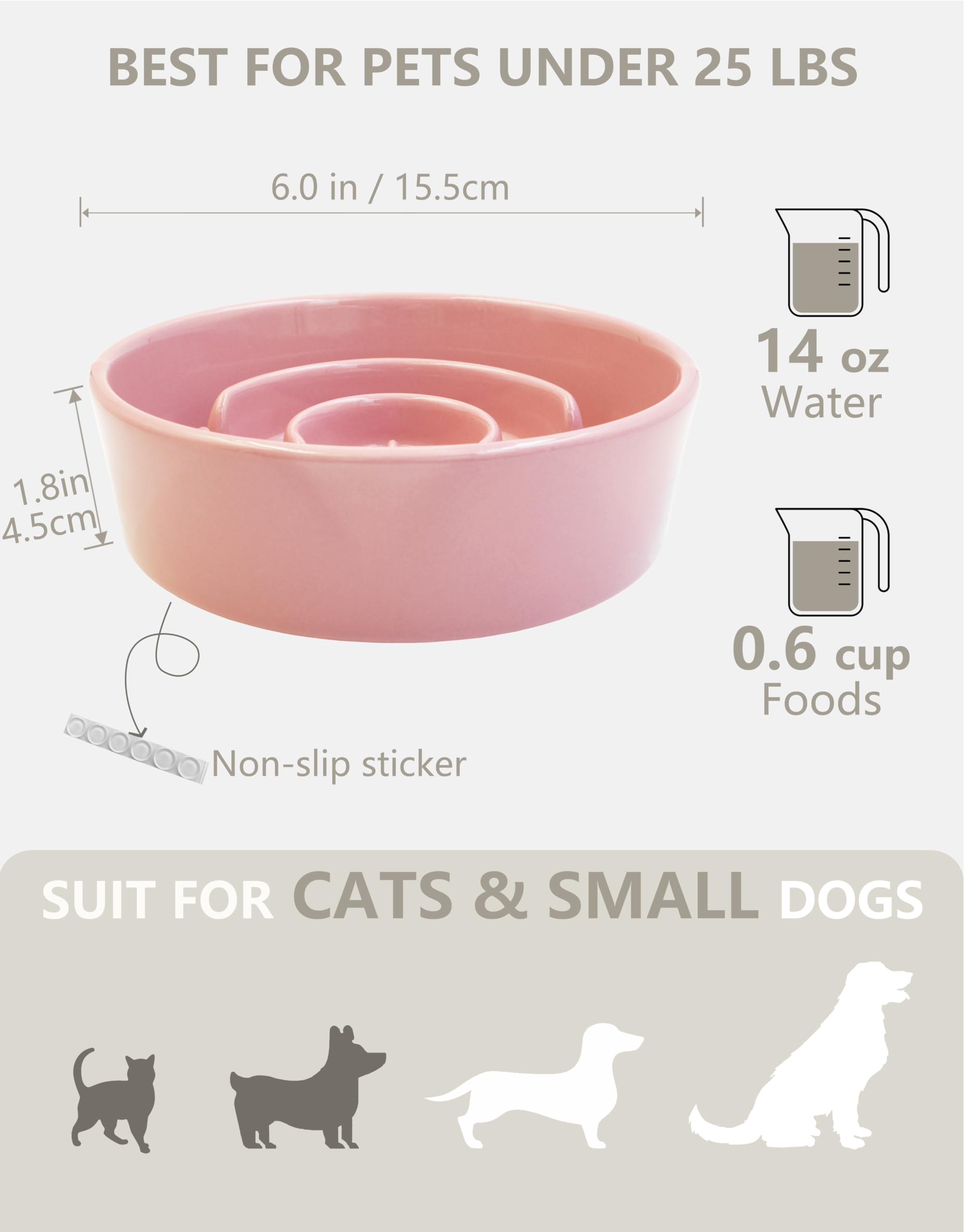 Mopang Ceramic Slow Feeder Dog Bowls, 0.6 Cup Slow Feeder For Small Dogs And Cats, Puzzle Maze Bowl, Prevents Choking, 6In, Pink