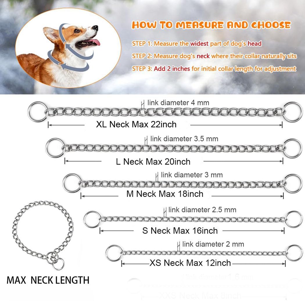Silver Dog Choke Collar For Large Dogs, Dog Chain Collars Training Metal Link Slip P Chain Heavy Duty Martingale Collar For Xs S