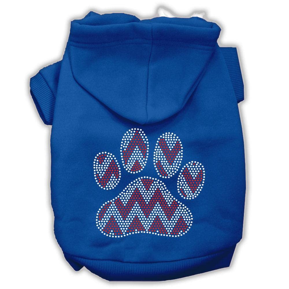 Christmas Pet, Dog & Cat Hoodie Rhinestone, 'Candy Cane Chevron Paw' Blue Xs (0-3 Lbs.)