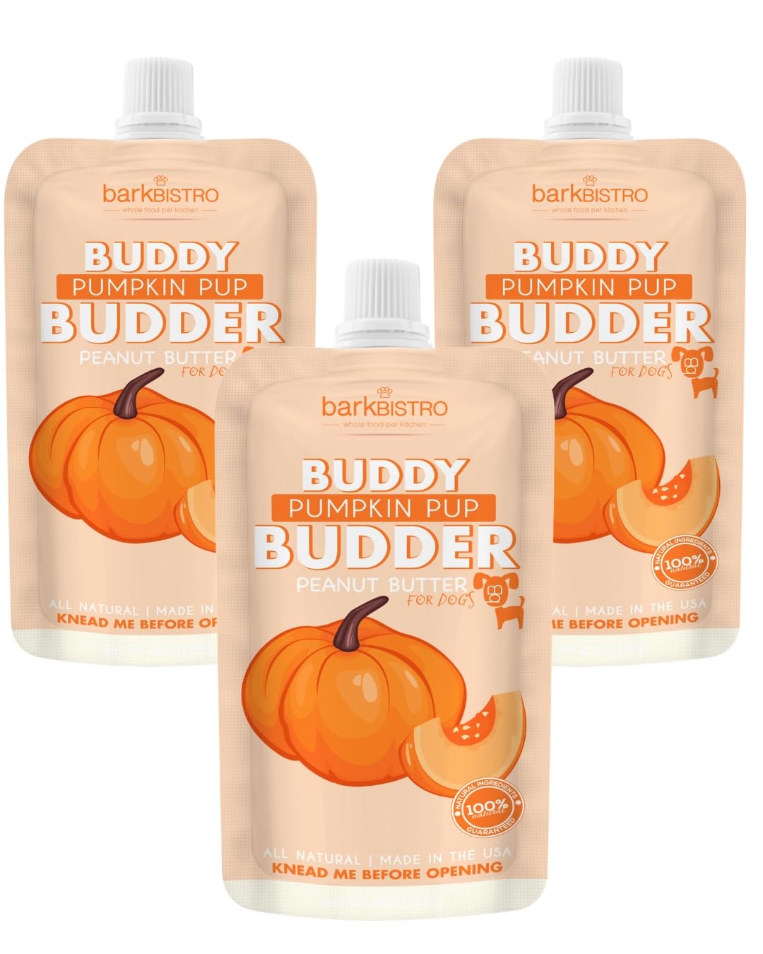 BUDDY BUDDER 3 Pack Pumpkin Pup Squeeze Packs, 100% Natural Dog Peanut Butter, Healthy Peanut Butter Dog Treats, Made in USA, (4