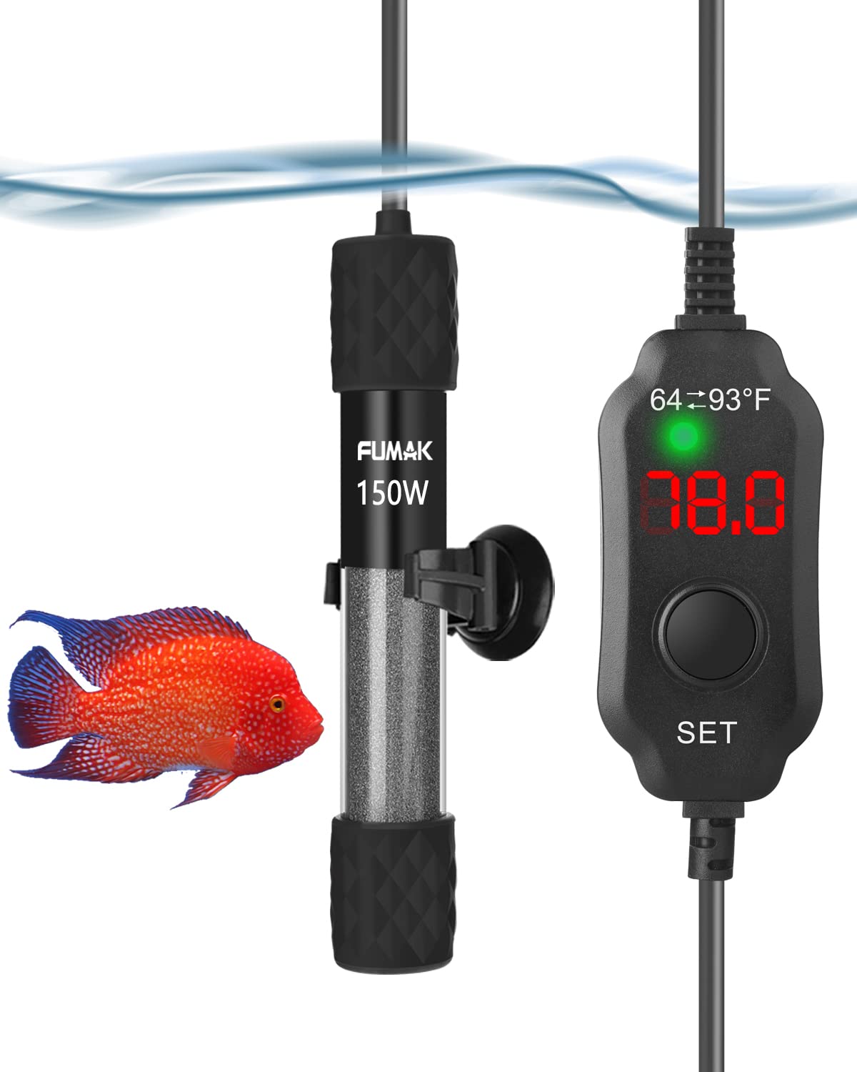 Kulife Fumak 150W Adjustable Aquarium Heater Super Short Submersible Fish Tank Heater Fish Heater With Led Digital Display Thermostat, For Tanks 15-30 Gallons
