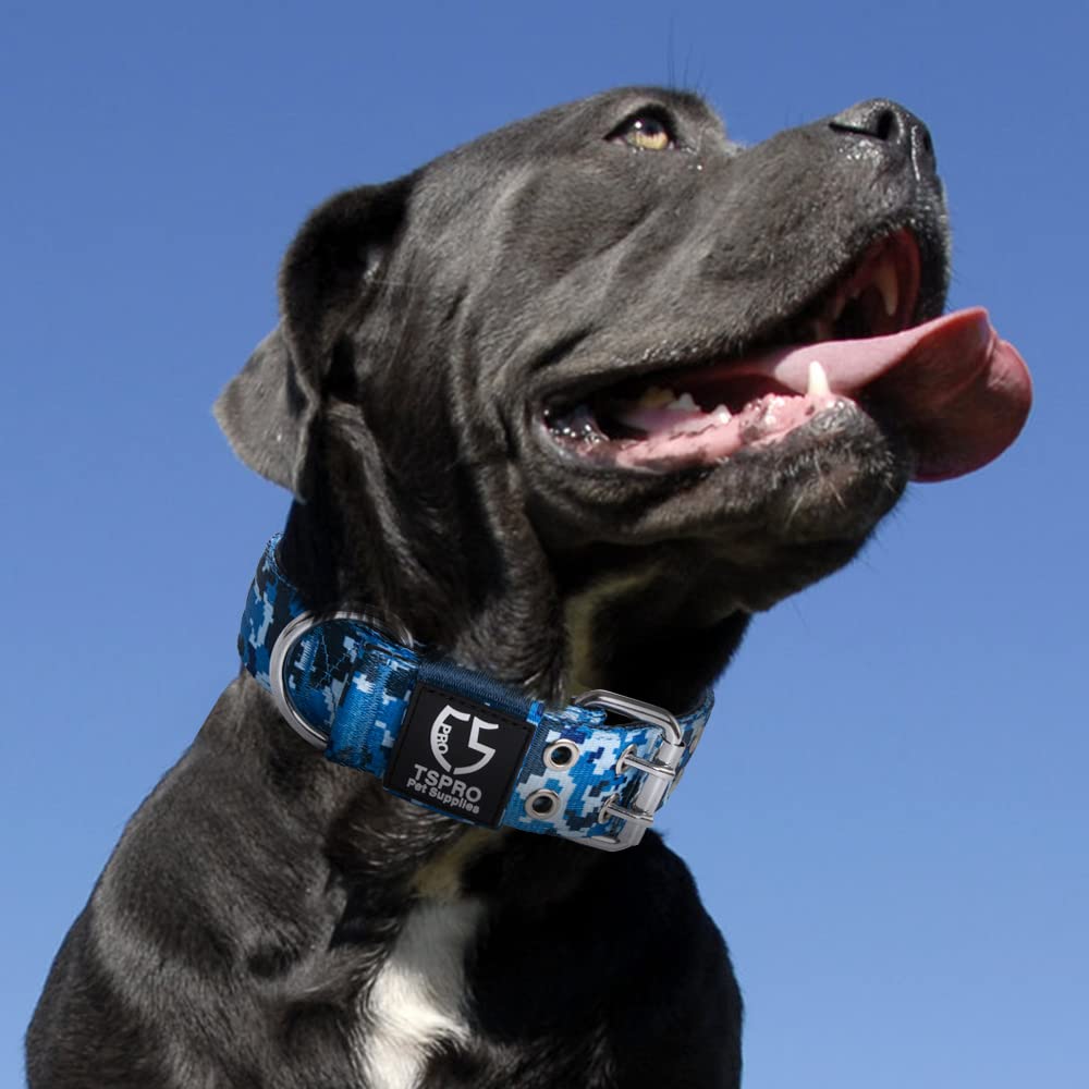 Tspro Camo Dog Collar Tactical Dog Collar Military Dog Collar Working K9 Dog Collar With Metal Buckle And Usa Flag Patch For Medium Large Dogs(Camo Blue-M)