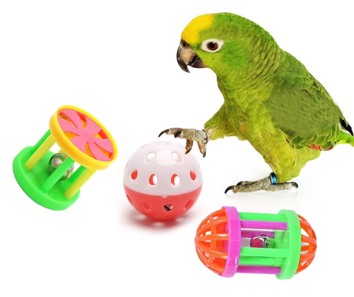 Woofy Parrot Ball Toy, 3 Pcs Cat Balls Plastic Ringing Roller Toys Cylinder Shape Teasing Toys For Bird Interactive Bell Ball, B
