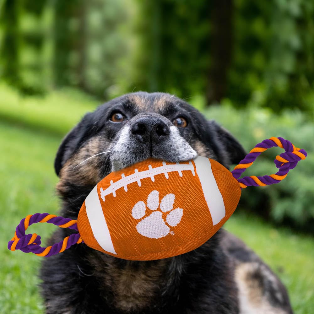 Pets First NCAA Clemson Tigers Football Dog Toy, Tough Quality Nylon Materials, Strong Pull Ropes, Inner Squeaker, Collegiate Te