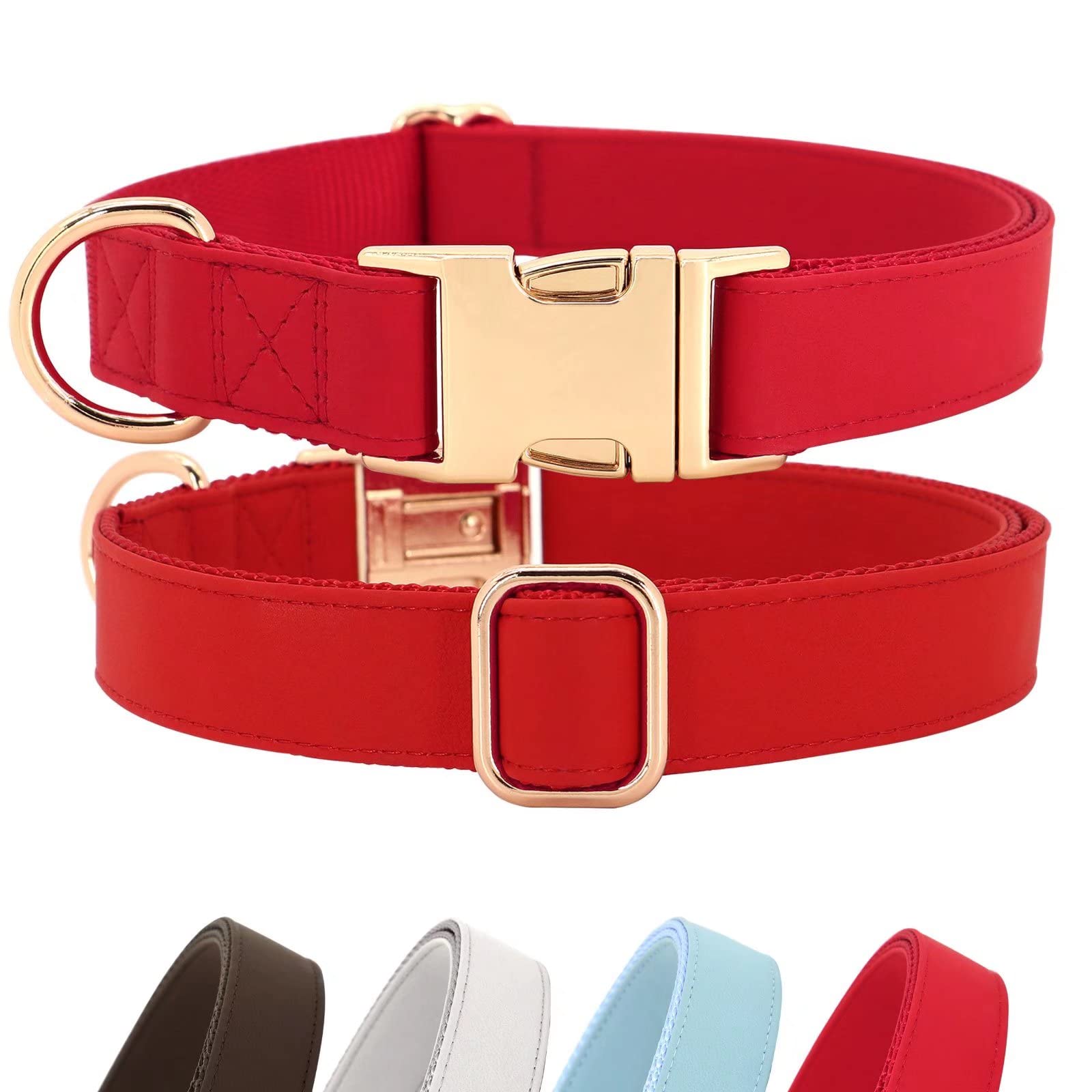 Pet Artist Charming Nylon Dog Collar With Leather Soft Comfy Elegant Nylon Collars For Dogs Small Medium Large 4 Bright Solid Color For Choosing Blue Red Brown Grey (Red,Neck Fit 16-27'')