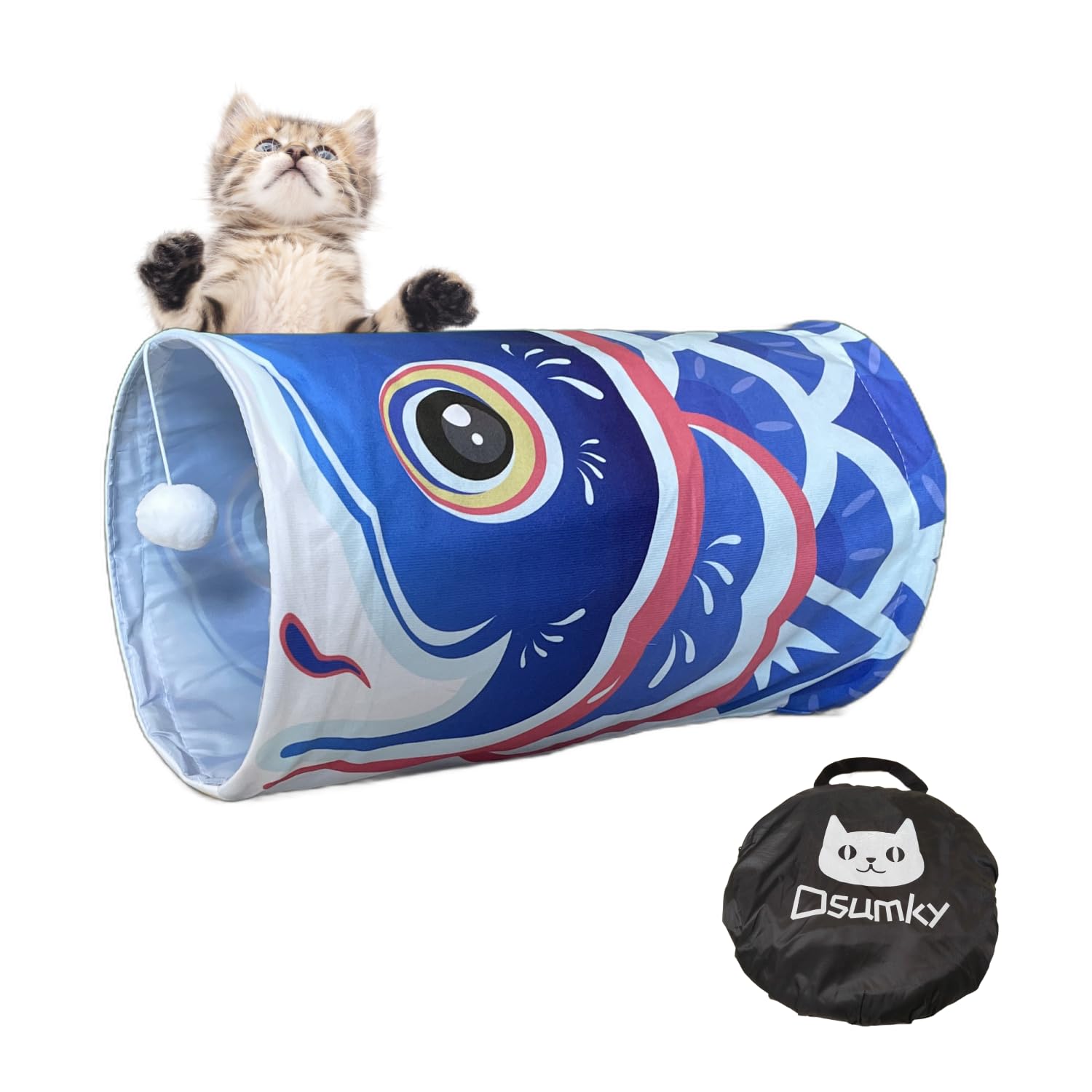 Dsumky Cat Tunnel With Fish Design, Plush Toy Ball, Easy To Clean, Collapsible, Hide & Seek Play, Self-Entertainment Toy (Ocean 