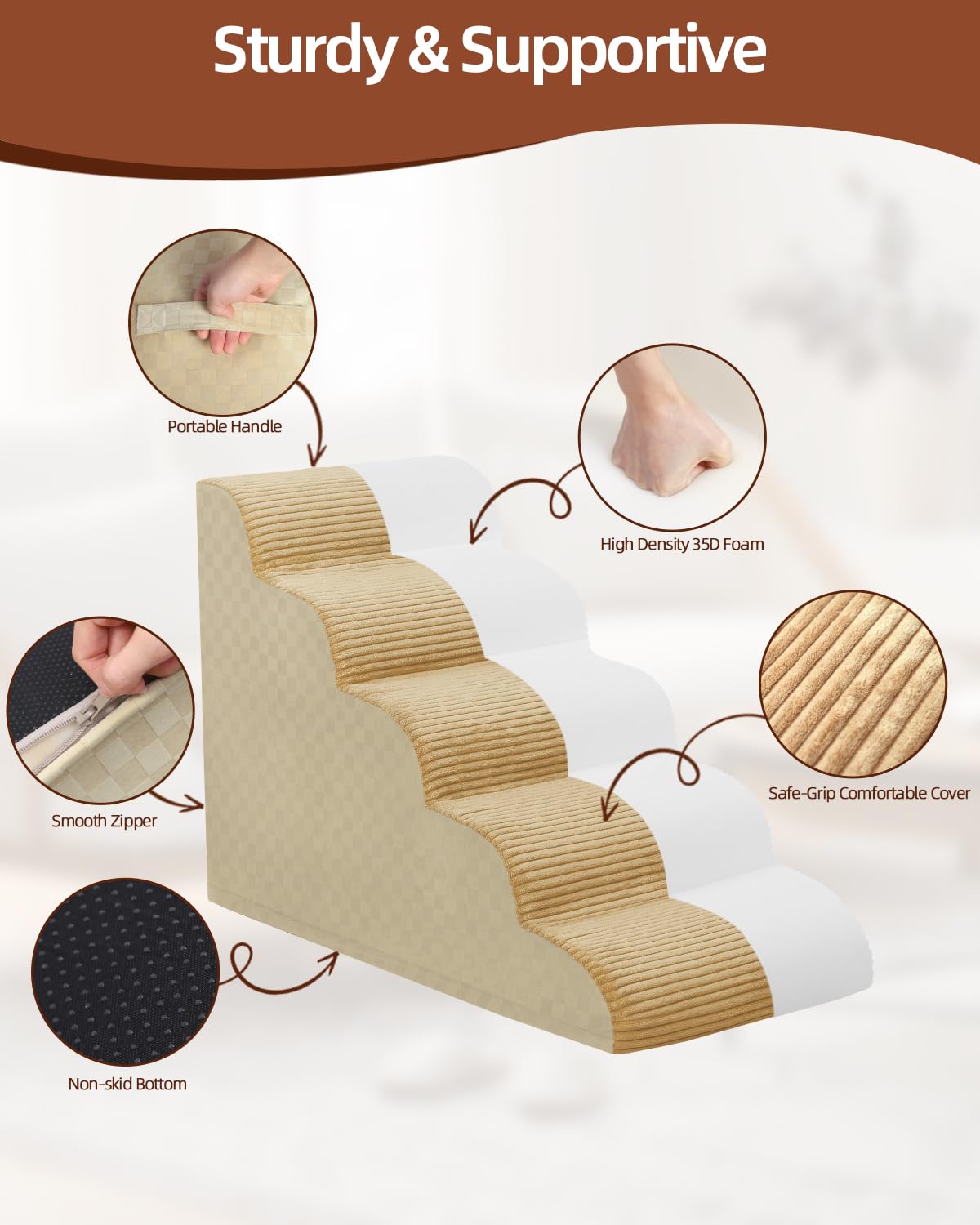 Dog Stairs Curved Ramp for Small Dogs 19.5 H, 4-Step Pet Stairs for Couch Bed with High Density Foam, Dog Slope Stairs with Dura