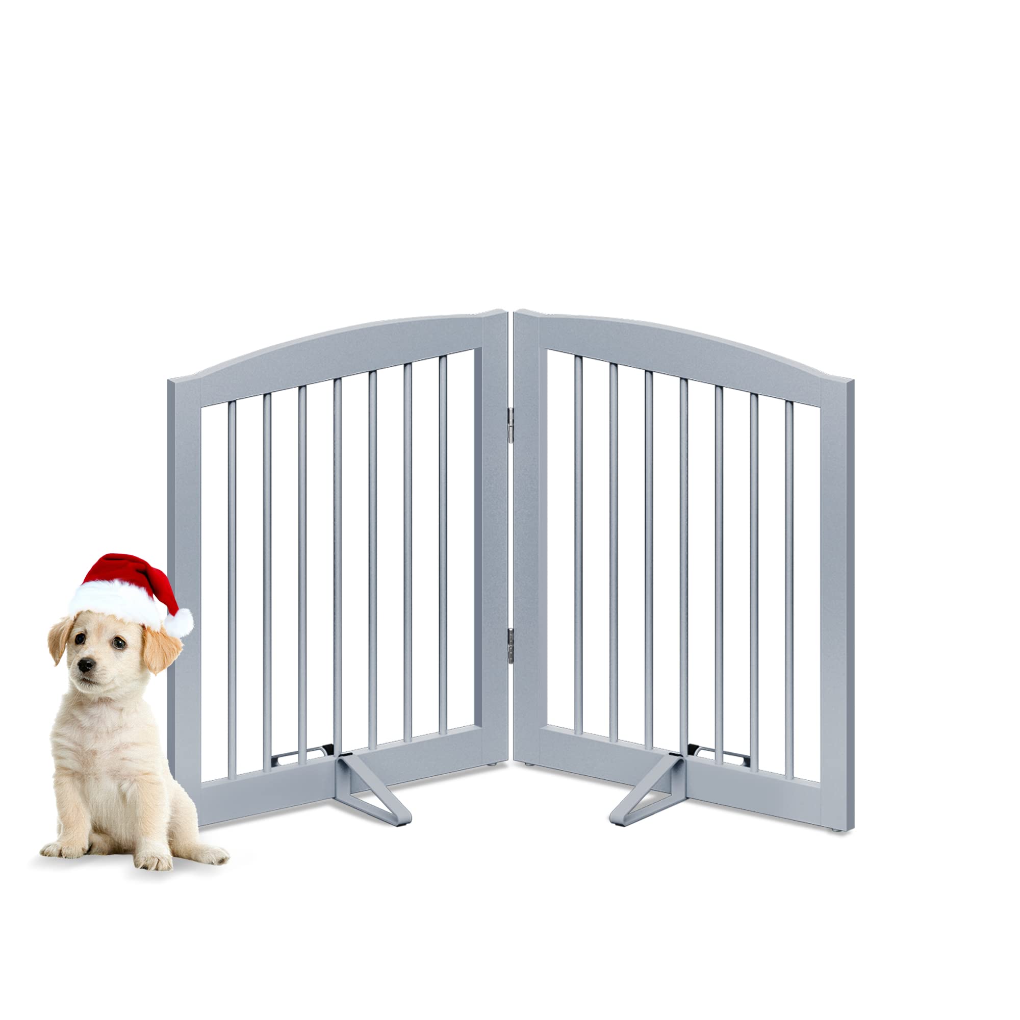 Pupetpo Freestanding Pet Gate For Dogs, Foldable Wooden Dog Gate For House, Indoor Dog Gate For Stairs, Doorways, Step Over Pet Puppy Safety Fence, Support Feet Included, 24' Height 2 Panels, Grey