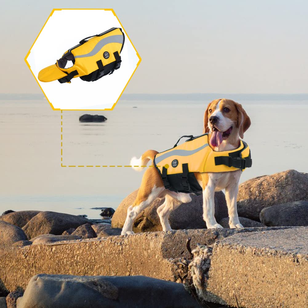 Emust Life Jacket For Large Dogs, Dog Life Vest For Small/Medium/Large Dogs With Double Rescue Handles, High Reflective Dog Life Preserver For Swimming, Yellow,L