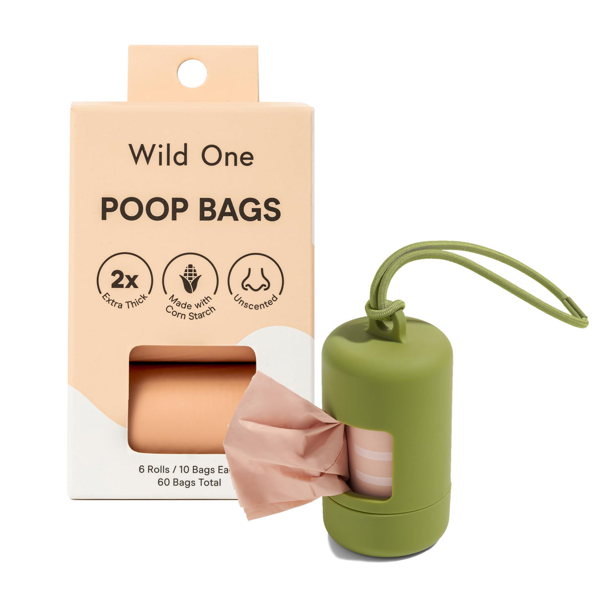Wild One Dog Poop Bag Holder and Dispenser with Leash Attachment, Leak Proof, Easy Twist Top for Refills, Includes 1 Box Of Bags