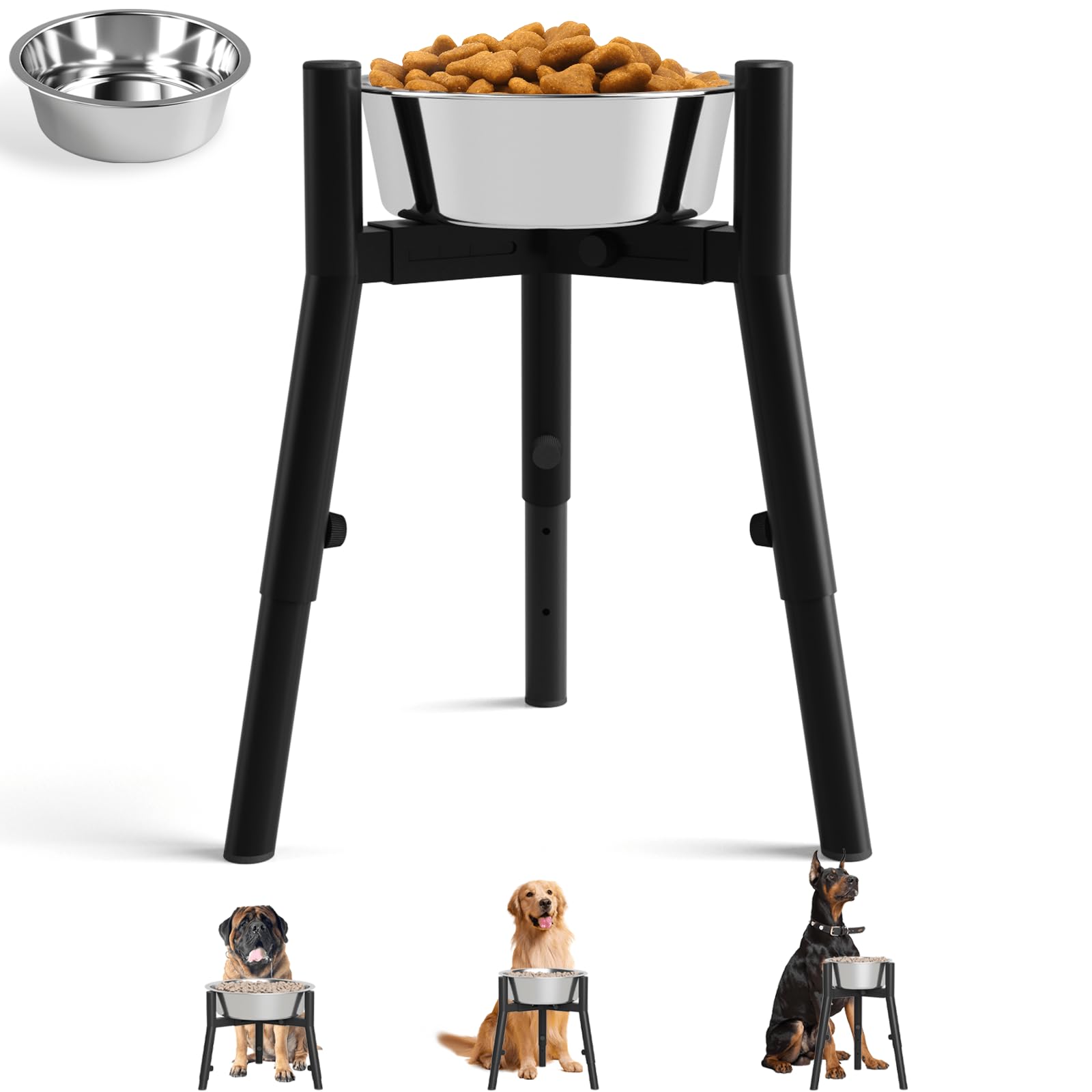 Dog Bowl with Stand for Large Dogs - Includes 61oz Bowls, Adjustable Height & Width Raised Dog Bowl Stand, Single Elevated Food 