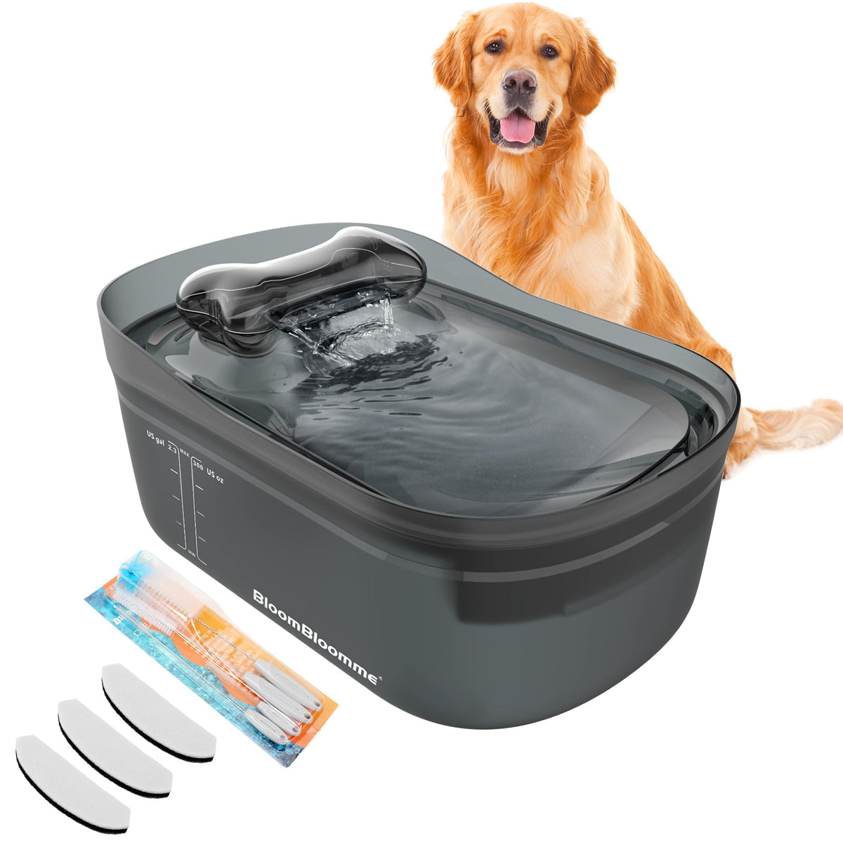Bloombloomme 2.3Gal/300Oz/9L Ultra Quiet Pet Running Water Fountain For Large/Medium Dogs Inside Automatic Dog Water Bowl Dispen