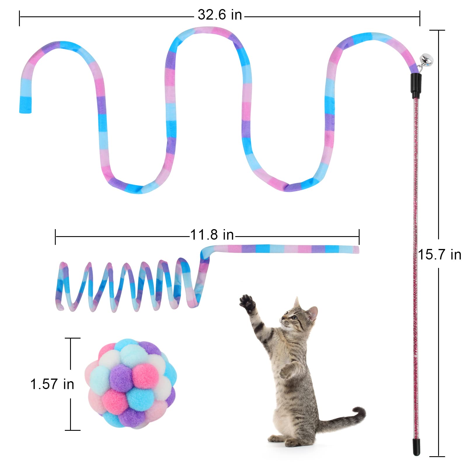Tusatiy Cat Toys 3Pack, Cat Wand Toy Cat Fuzzy Balls With Bells &Cat Springs, Rainbow Color Interactive Cat Toys For Indoor Cats Kittens (Rainbow-Purple)