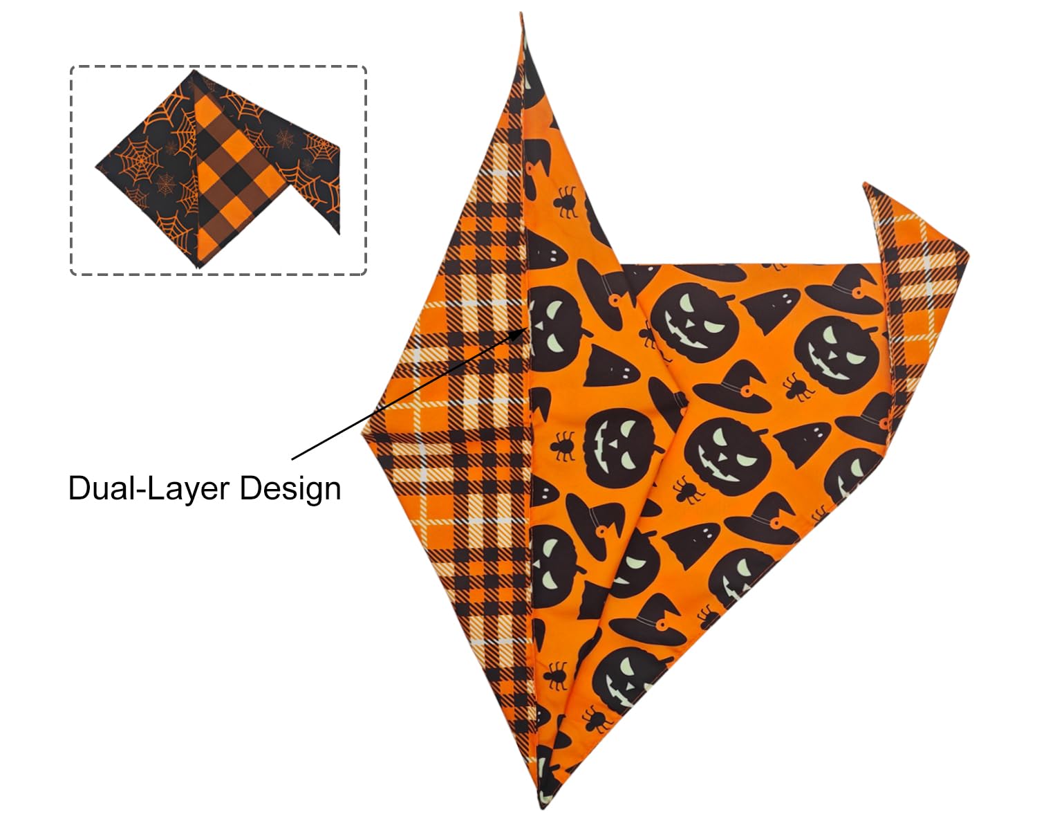 2Pcs Fall Dog Bandanas,Halloween Dog Bandanas,One Side Orange Plaid,The Other Side Pumpkin Or Spider Web Bibs,Holiday Pet Scarf