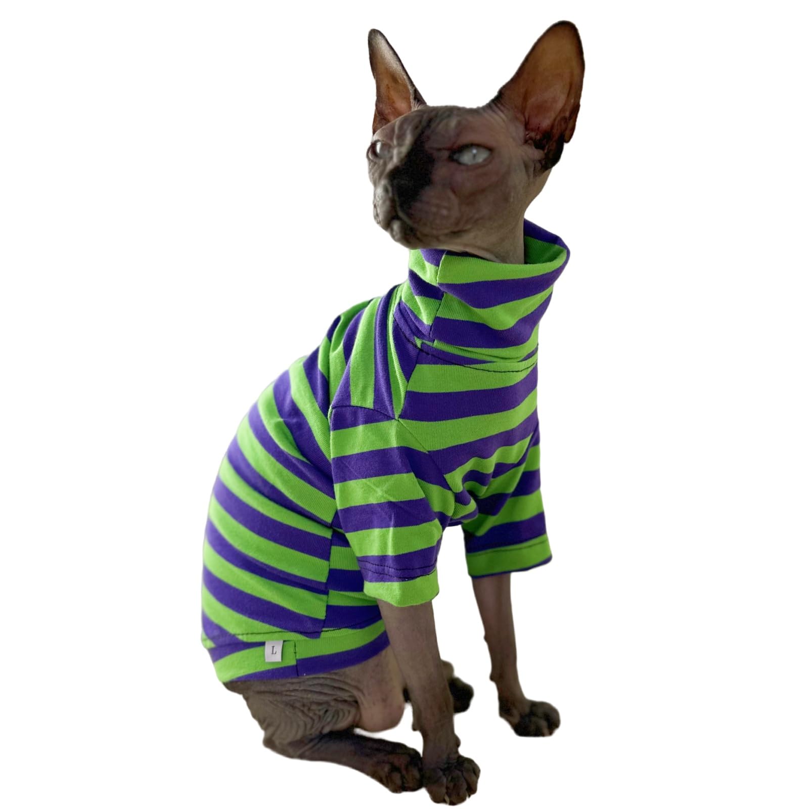 Vintage Stripes Sphynx Hairless Cats Shirt Cotton Cat Turtleneck Pet Clothes Kitten T-Shirts With Sleeves For Sphynx Cats (Eggpl