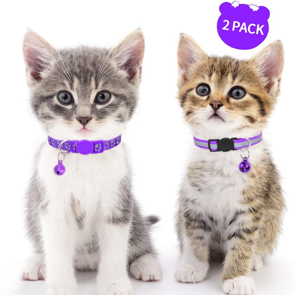 Taglory Reflective Cat Collars Breakaway With Bell, 2 Pack Girl Boy Pet Kitten Collar Adjustable 6-8 Inch, Purple