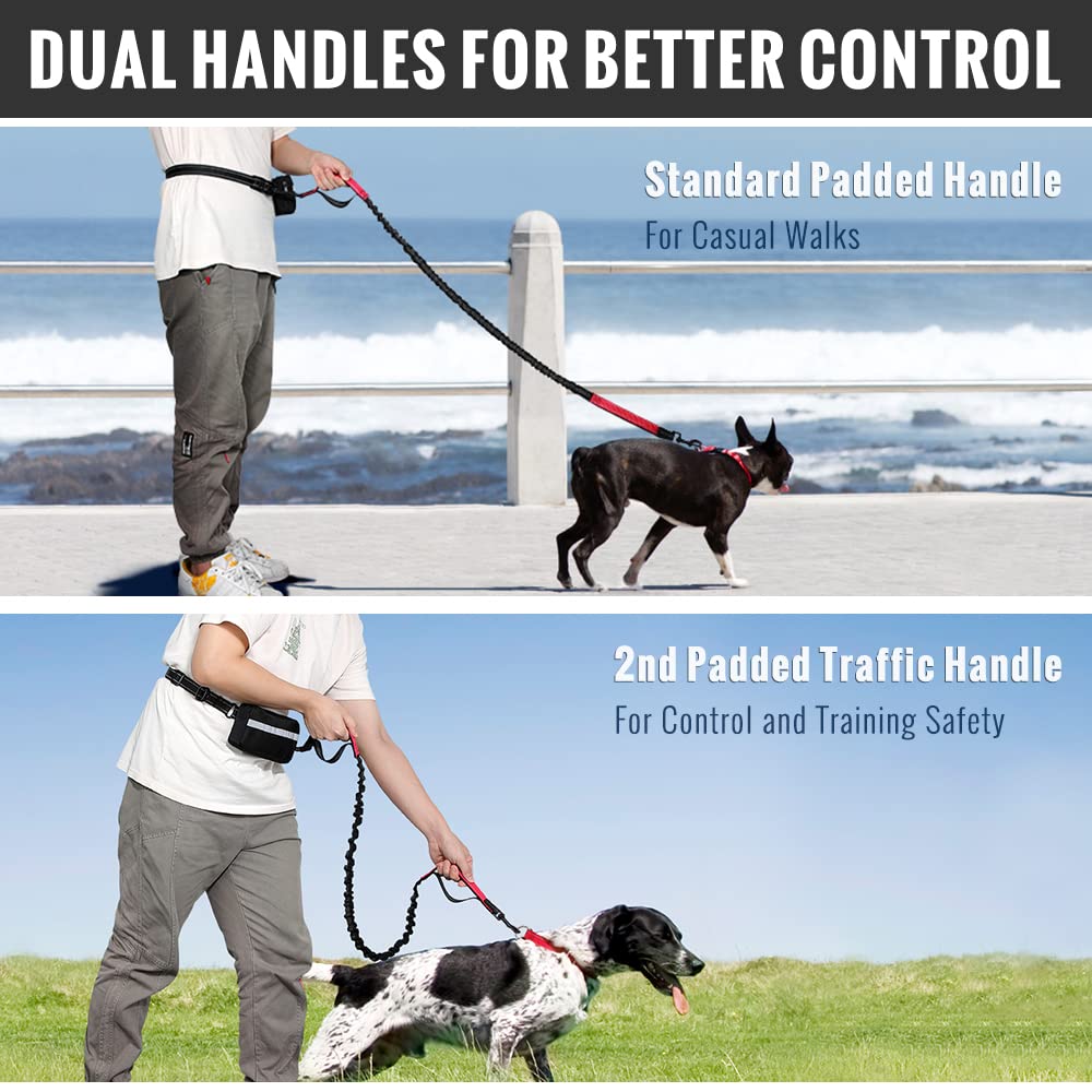 Plutus Pet Hands Free Dog Leash, Soft Padded Dual Handle Retractable Bungee Leash With Reflective Stitches, Adjustable Wasit Lea
