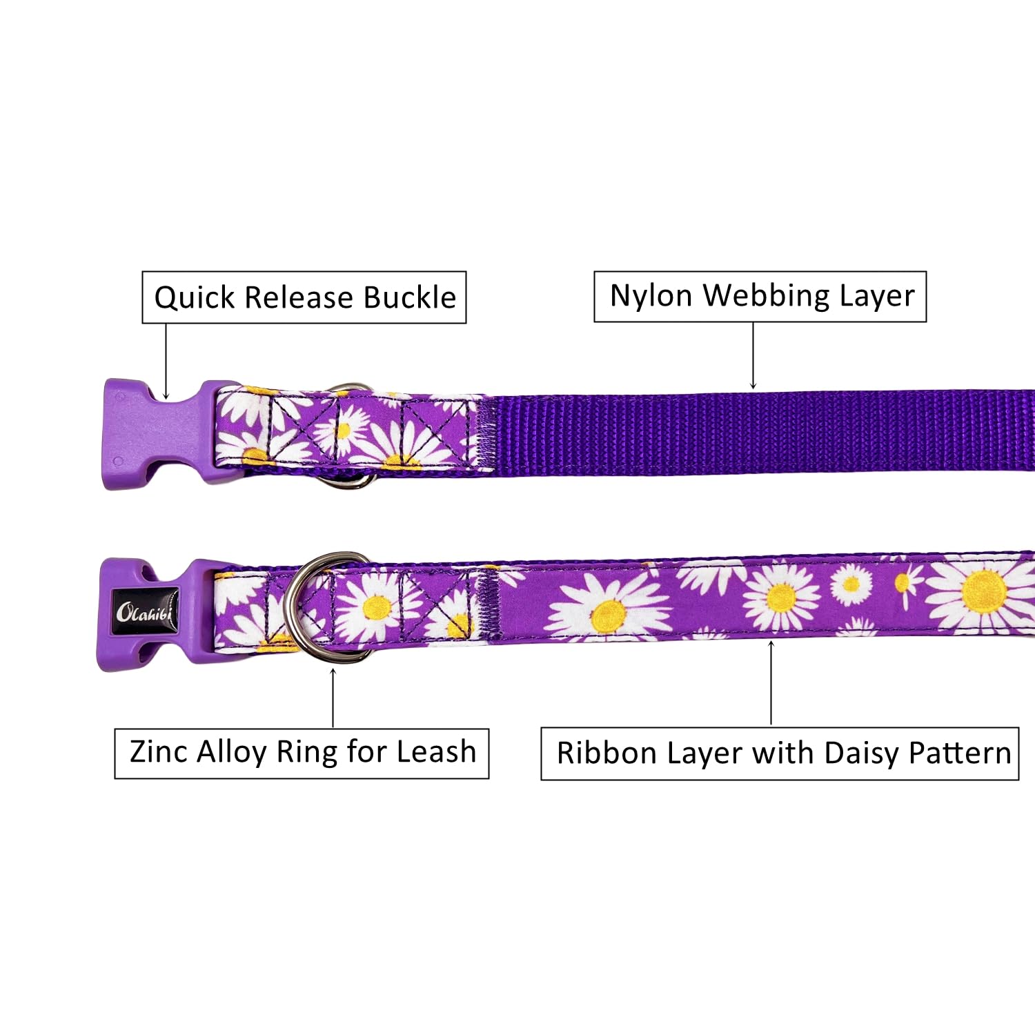 Olahibi Dog Collar, Floral Pattern, Nylon Webbing Plus Cotton Ribbon, For Large Dogs.(L, Purple Daisy)