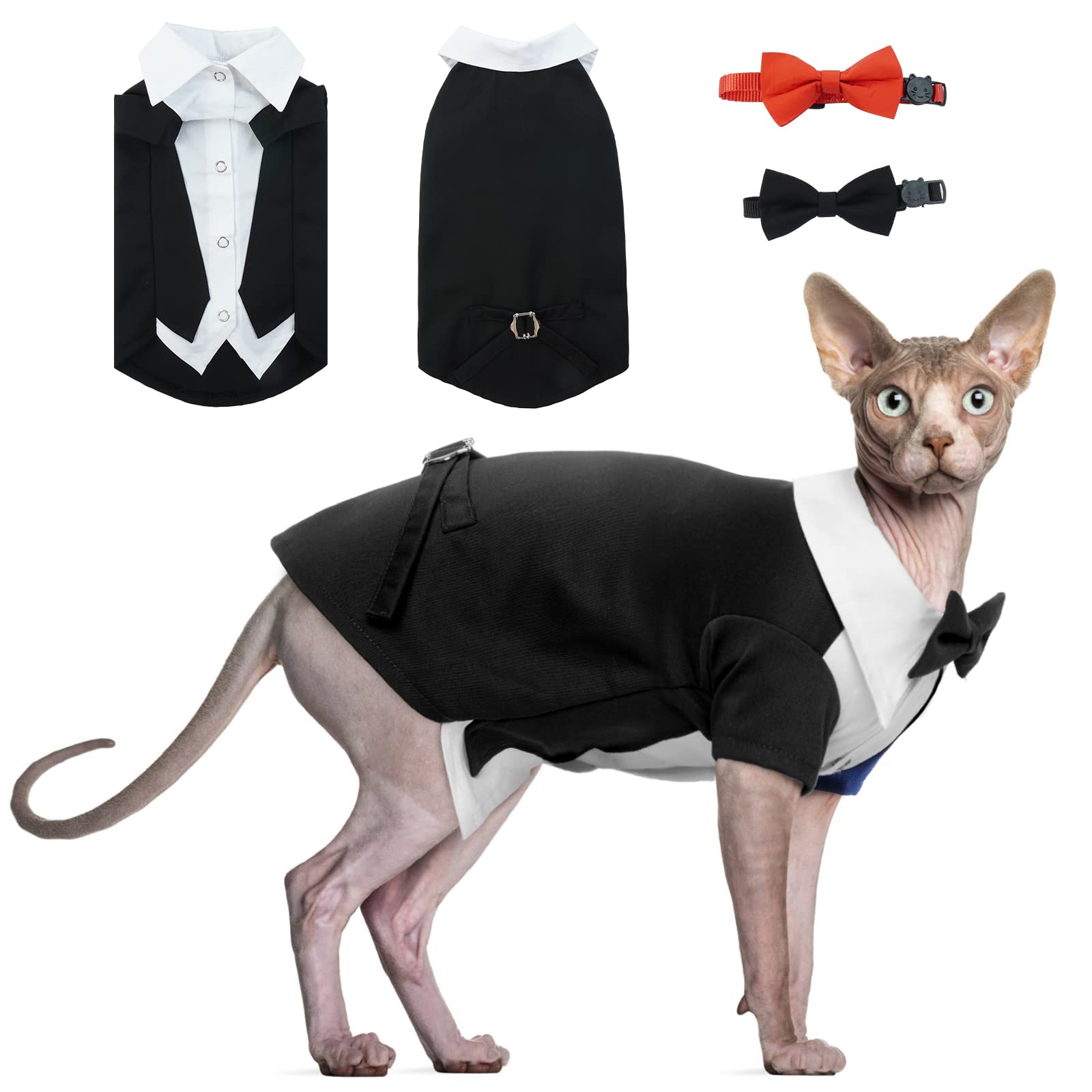 Dentrun Tuxedo Suit With Two Bow Tie, Stylish Cat Shirt Formal Outfit, Hairless Cat Fashion Apparel Fancy Clothes, Kitten Formal