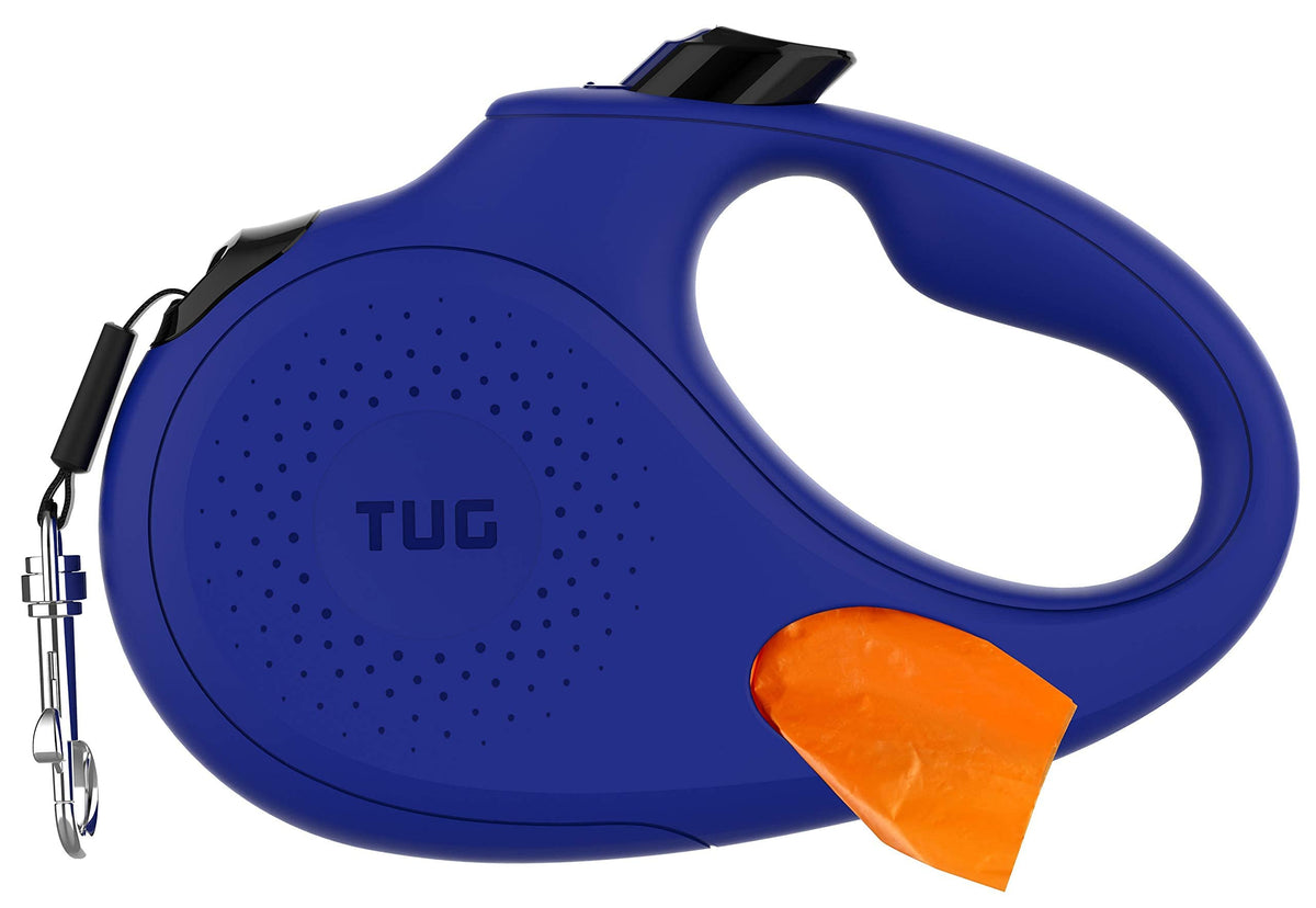 Tug Oval 360° Tangle-Free Retractable Dog Leash With Integrated Waste Bag Dispenser (Small, Blue)